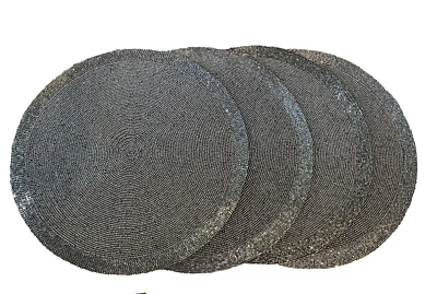 Chargers Set of 4 Round Gray Fabric with Glass beads 15 Inches - Image 1 of 4