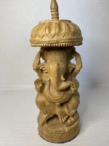 Ganesha Statue 10" Handmade Wooden Sculpture Hindu God Lord Ganesh Sitting - Picture 1 of 12