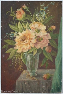 Antique Pierre Rochard Painting of Floral Still Life in Glass Vase Pink Roses - Picture 1 of 11