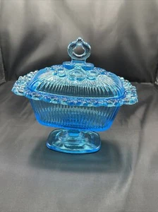 Scatola caramelle vintage vetro Aqua Indiana con coperchio - Foto 1 di 8