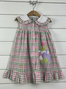 Girls SAMARA Sz 5 Sleeveless Dress Pink Green Plaid Flowers Watering Can - Picture 1 of 6