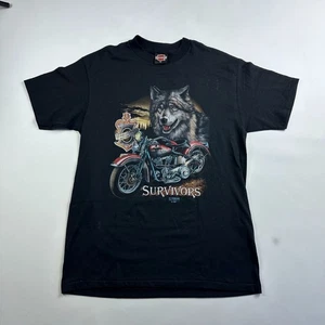 Rara maglietta moto vintage 3D emblema 1991 Harley Davidson Survivors Wolf nera L - Foto 1 di 7