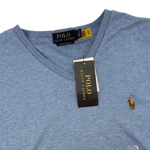 Polo Ralph Lauren Herren V-Ausschnitt T-Shirt Custom Slim Fit Meliert Blau Neu Small - Bild 1 von 8