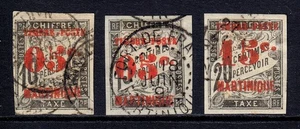 MARTINIQUE — SCOTT 26/28 — 1891 RED SURCHARGES ON IMPERF ISSUES — USED — SCV $72 - Picture 1 of 2