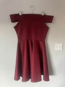 BNWT Boohoo Size UK 12 Burgundy Off Shoulder Dress Stretchy Midi Short Dress - Picture 1 of 13