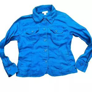 Charter Club Women's Sz M Collared Blue Jacket 100% Linen Summer Boho Comfy - Picture 1 of 8