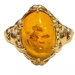 Anello cocktail vintage oro giallo 14 carati ovale ambra baltica cabochon misura 7,25 - Foto 1 di 11