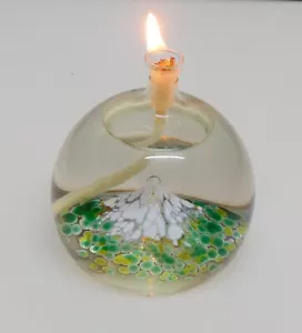 Öllampe aus Glas mit Farbgranulat Einschmelzung Berg mit Schnee & Dochtschutz - Bild 1 von 4