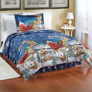 3Pc Christmas Santa Sleigh Reindeer Reversible Comforter Set w Sham Skirt TWIN - Picture 1 of 4