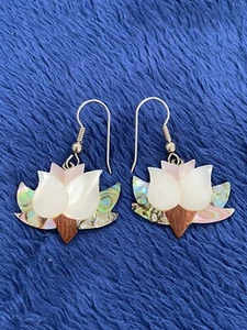 Vtg Alia Mexico Abalone Mother Of Pearl Flower Drop Dangle Earrings - Picture 1 of 5
