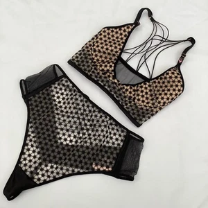 Victoria’s Secret Luxe Lingerie Black Patterned Bra Panties Set Size 32D S BNWT - Picture 1 of 6