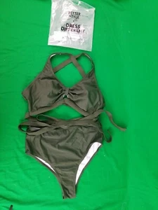 Women's Plus Size Swimwear 2 Piece High Waisted Swimsuit Bathing Suit SZ L Green - Picture 1 of 6