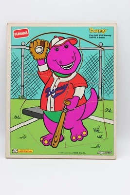 Vintage Playskool Play Ball with Barney Purple Dinosaur Wooden Puzzle 6pc 368-02 - Image 1 of 4