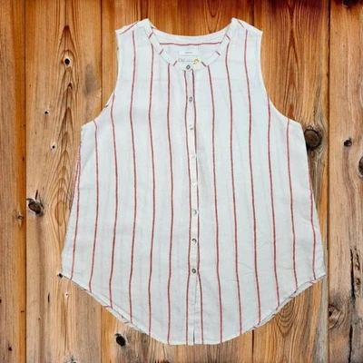 C&C California Top White Linen Red Stripes Sleeveless Button Up Shirt Blouse L - Image 1 of 4