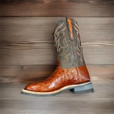 LUCCHESE MEN'S ROWDY OSTRICH SKIN COGNAC WESTERN BOOTS - SQUARE TOE- Size 8.5 - Photo 1/4