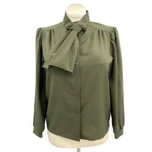 Blusa vintage años 80 verde oliva abotonada manga larga Jabot Donnkenny talla M L - Imagen 1 de 8