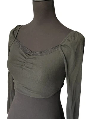 SHEIN Kids Teen Black Long Sleeve Lace Crop Half Top Lace Accent NIP Size 10-11Y - Image 1 of 4