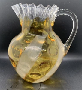 Antique Victorian Ruffled Yellow Opalescent Coin Dot Pitcher Hand-Blown Glass - Picture 1 of 15
