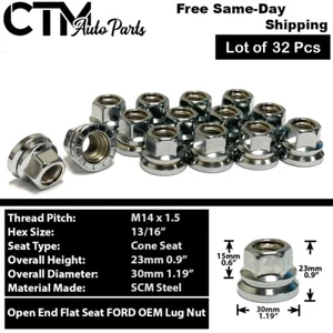 32x Ford OEM Factory Chrome 14x1.5 Flat Seat Open Lug Nut F250 F350 Super Duty - Picture 1 of 3