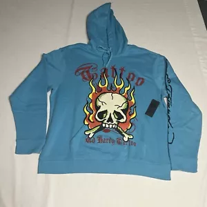 Felpa con cappuccio nuova Ed Hardy blu teschio fiamme doppio lato da uomo taglia XL - Foto 1 di 8