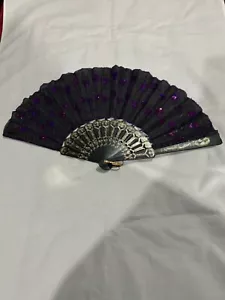 Folding Hand Fan Sequin Purple w/Black Lace open size 16.5x9" - Picture 1 of 3