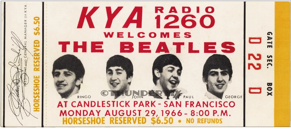 1  BEATLES UNUSED FULL CONCERT TICKET 1966 Candlestick Park laminated reprint yl - Image 1 of 1
