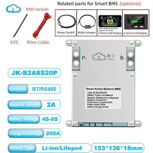 JK 4S-8S 200A LiFePo4 Li-Ion Smart BMS with 2A Active Balance BT/RS485/LCD lot - Picture 1 of 32