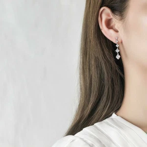 2.50Ct Princess Cut Lab Created Diamond Dangle Earrings 14K White Gold Plated - Picture 1 of 5