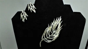 Vintage Dodds Clear Rhinestones Feather/Leaf Brooch and Earring Set - Picture 1 of 12