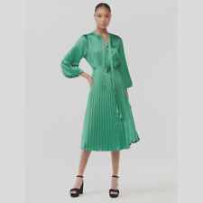 Scoop Women's Blouson Sleeve Belted Waist Pleated Midi Dress, Green, Small (4-6)