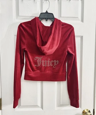 Juicy Couture Jacket XS Red Rhinestone Bling Velour Long Sleeve Crop Track Zip - Image 1 of 4