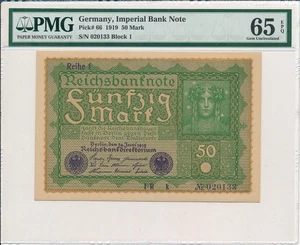 Imperial Bank Note Germany 50 Mark 1919 PMG 65EPQ - Picture 1 of 3
