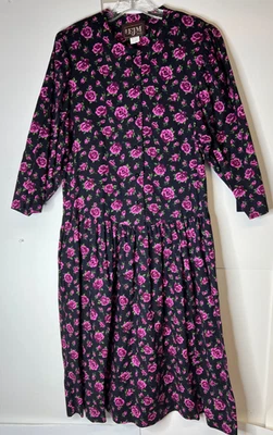 Vestido plisado vintage EJM Ltd. para mujer talla 16 negro con flores rosas algodón Foto 1 de 4