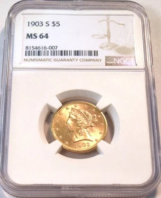1903 S $5 NGC MS 64 Gold Liberty Half Eagle, Better Date Uncirculated Type Coin - Image 1 of 4