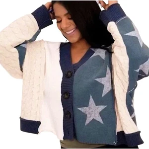 POL V-Neck Button Chunky Cardigan Sweater Star Print Long Sleeve Boxy Sz M - Picture 1 of 12