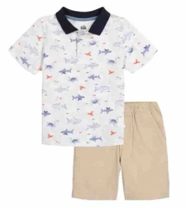KIDS HEADQUARTERS Little Boys Shark Print Polo Shirt/Twill Shorts 2 Piece Set - Picture 1 of 9