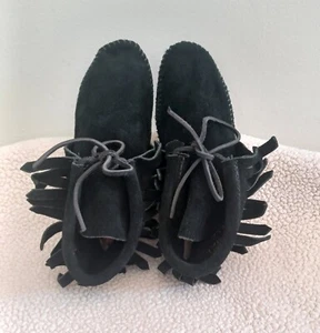 Vintage Minnetonka Moccasin Women’s Size 5 Shoes Black Suede Made In U.S.A  - Picture 1 of 20