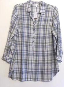 NWT-J JILL LOVE LINEN BUTTON TAB SLEEVE TUNIC/BLOUSE-HYDRANGA PLAID-1X--$99-NICE - Picture 1 of 4