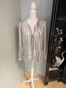 Ecru Medium 100% Seide grau beige Streifen V-Ausschnitt Langarm Bluse MÄNGEL - Bild 1 von 12