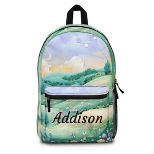 Custom Floral Backpack Whimsical Hillside Green Purple School Bag Girl Bookbag - Imagen 1 de 6