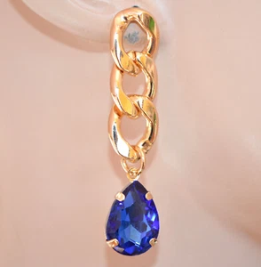 Orecchini Donna cristallo blu goccia oro dorato catena anelli pendenti UAX22 - Foto 1 di 2