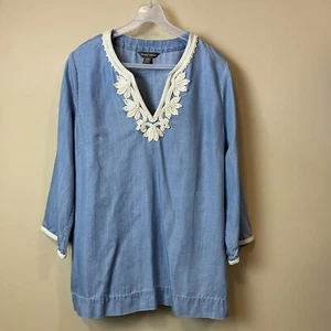 Tommy Bahama Tencel Denim Blue Embroidered Pullover Tunic Shirt Women’s M - Picture 1 of 11