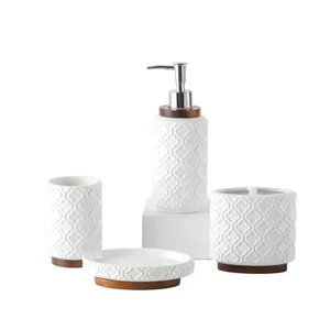 Bathroom Accessories Set 4 Pcs Toothbrush Holder Soap Dispenser Ceramic and Wood - Picture 1 of 7