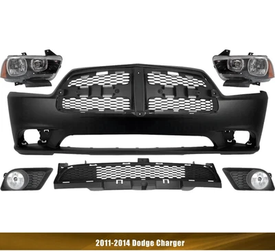 Kit de cubierta de parachoques delantero de plástico imprimado y faros para Dodge Charger 2011-2014 Foto 1 de 4