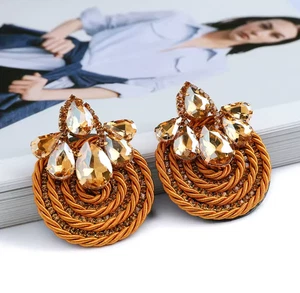 Bohemian Design Fashion Statement Gold Rhinestone Stones Dangle Drop Earrings - Picture 1 of 2