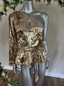 TED BAKER Sequin Top Womens Size 8 & 10 Tillye Gold One Shoulder Tie Waist NEW - Picture 1 of 21