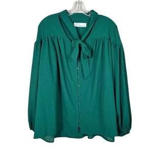 Time & Tru Smaragd Kelly grün gestreifte Knopfleiste Bluse mit Bindeband XL 16 18 - Bild 1 von 5