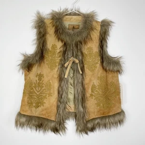 Sundance Lotus Blossom Vest Jacket Large Brown Embroidered Suede Faux Fur Trim - Picture 1 of 16