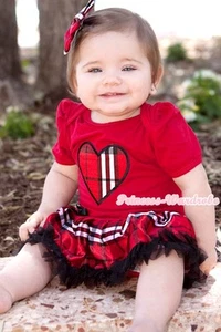 Hot Red Checked Heart Jumpsuit Baby Girl Dress Black Red Plaid Skirt NB-12Month - Picture 1 of 3