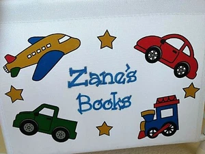 Small Bedside Book Rack Holder Personalized Kids White Canvas ZANE Cars Trucks - Picture 1 of 12